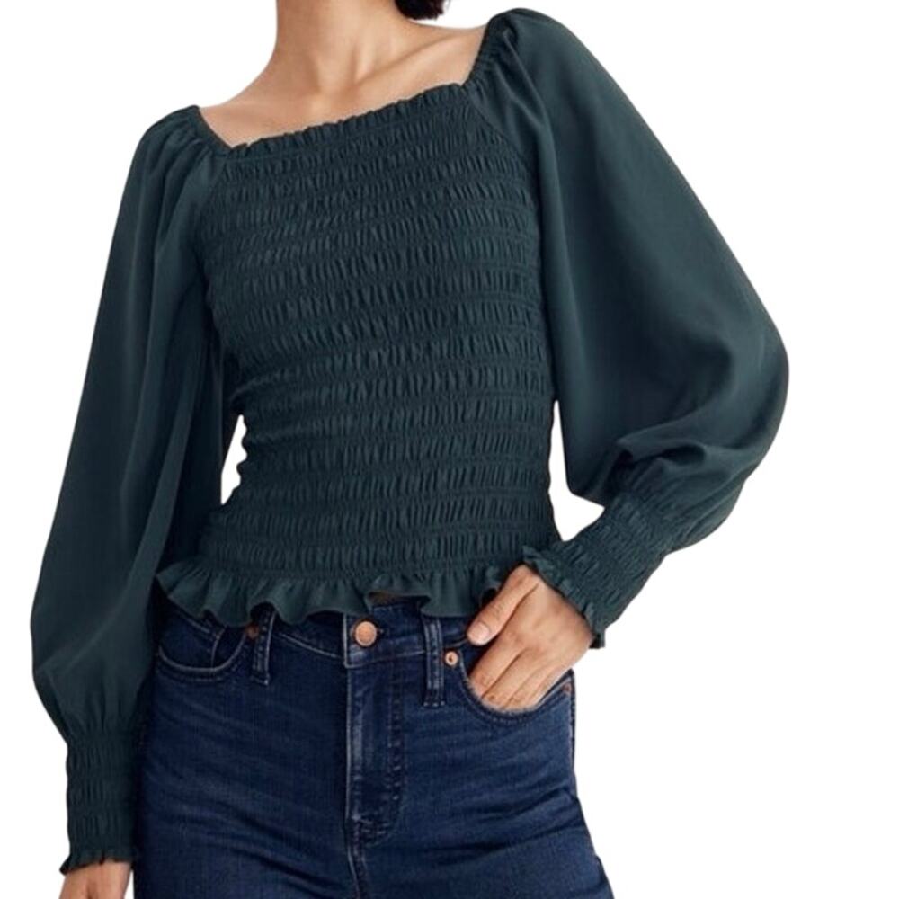 NWT Madewell Lucie Bubble-Sleeve Smocked Top in Dark Palm, XL
